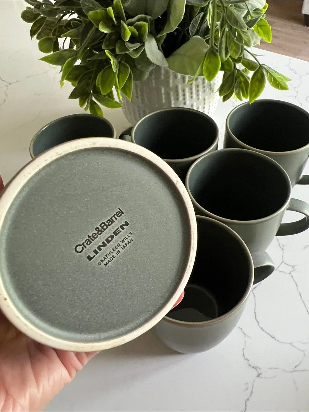 Crate&Barrel Matte Green Ceramic Tea Mugs with Sugar and Creamer